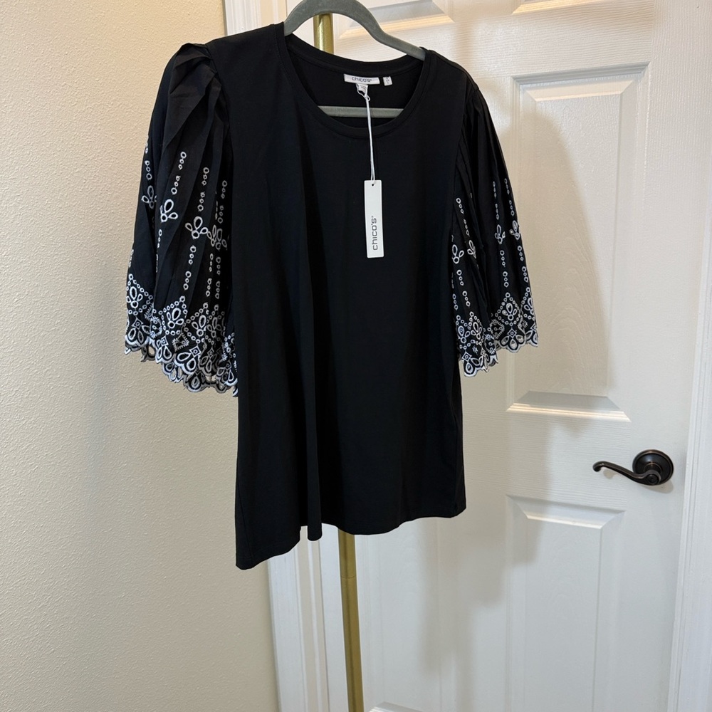 Chico's Black Blouse with White Embroidered Sleeves